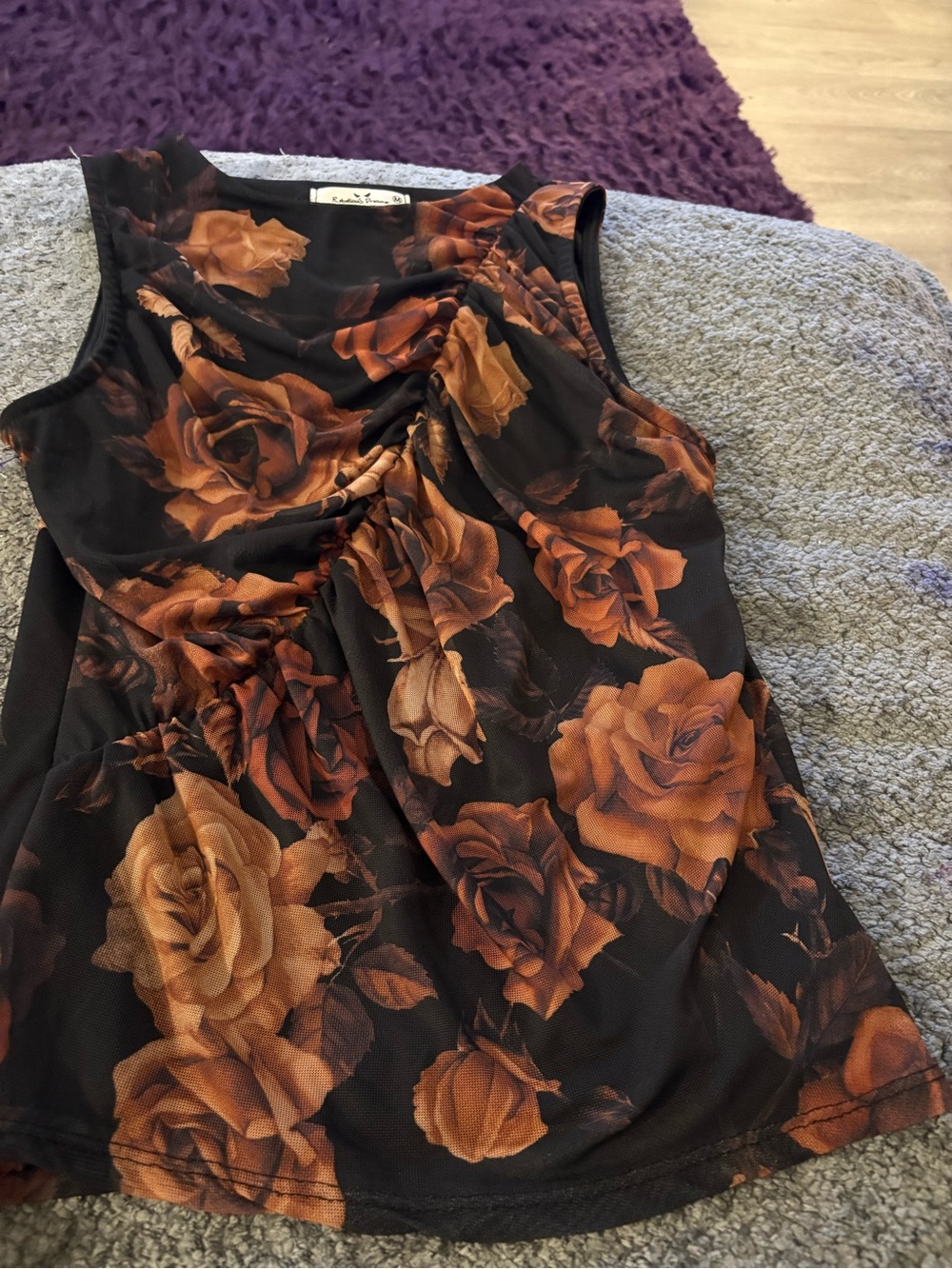 Floral Rose Print Sleeveless shirt- Black & Brown